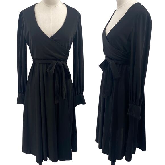 Vintage 70s Kasper Faux Wrap Midi Dress Belted Long Sleeve V Neck Black Small - Picture 1 of 9